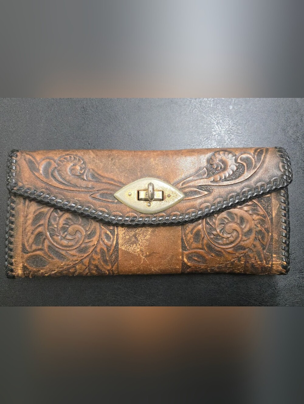 Hand-Tooled Brown Leather Clutch Wallet with Turn Lock